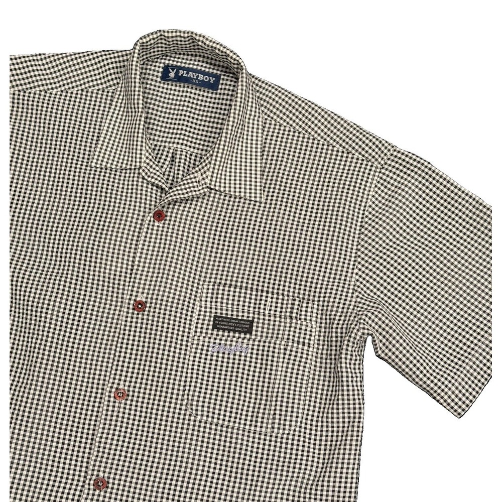 Vintage 90s Playboy Embroidered Gingham Short Sleeve Button Up Black White Sz M